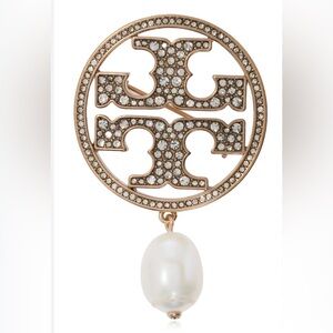 Tory Burch Rose Gold Pave Pearl Brooch Iconic Logo FULL INCLUSION